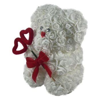 Flower White Rose Bear With Red Hearts Medium
