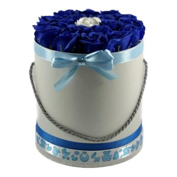 Flower Box Cylinder White with Blue Art Flowers Large