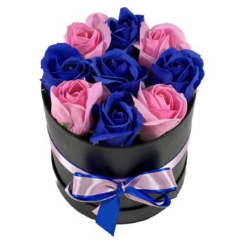 Παντοντινά Μαύρα, Μπλε και Ροζ Τριαντάφυλλα σε Μαύρο Κυλινδρικό Κουτί – Medium