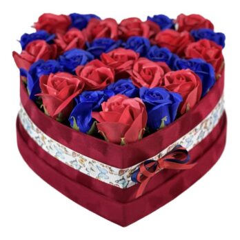 Flower Box Red Heart with Red & Blue Art Flowers Large