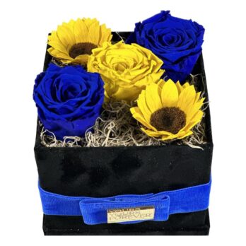 Παντοντινά Αποχυμωμένα Κίτρινα και Μπλε Τριαντάφυλλα και Ηλίανθοι σε Μαύρο Κουτί – Medium