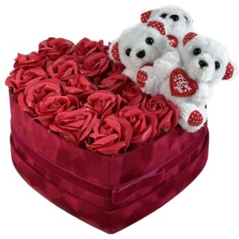 Παντοντινά Κόκκινα Τριαντάφυλλα σε Κόκκινο Κουτί σε Σχήμα Καρδιάς με Αρκουδάκια – Large
